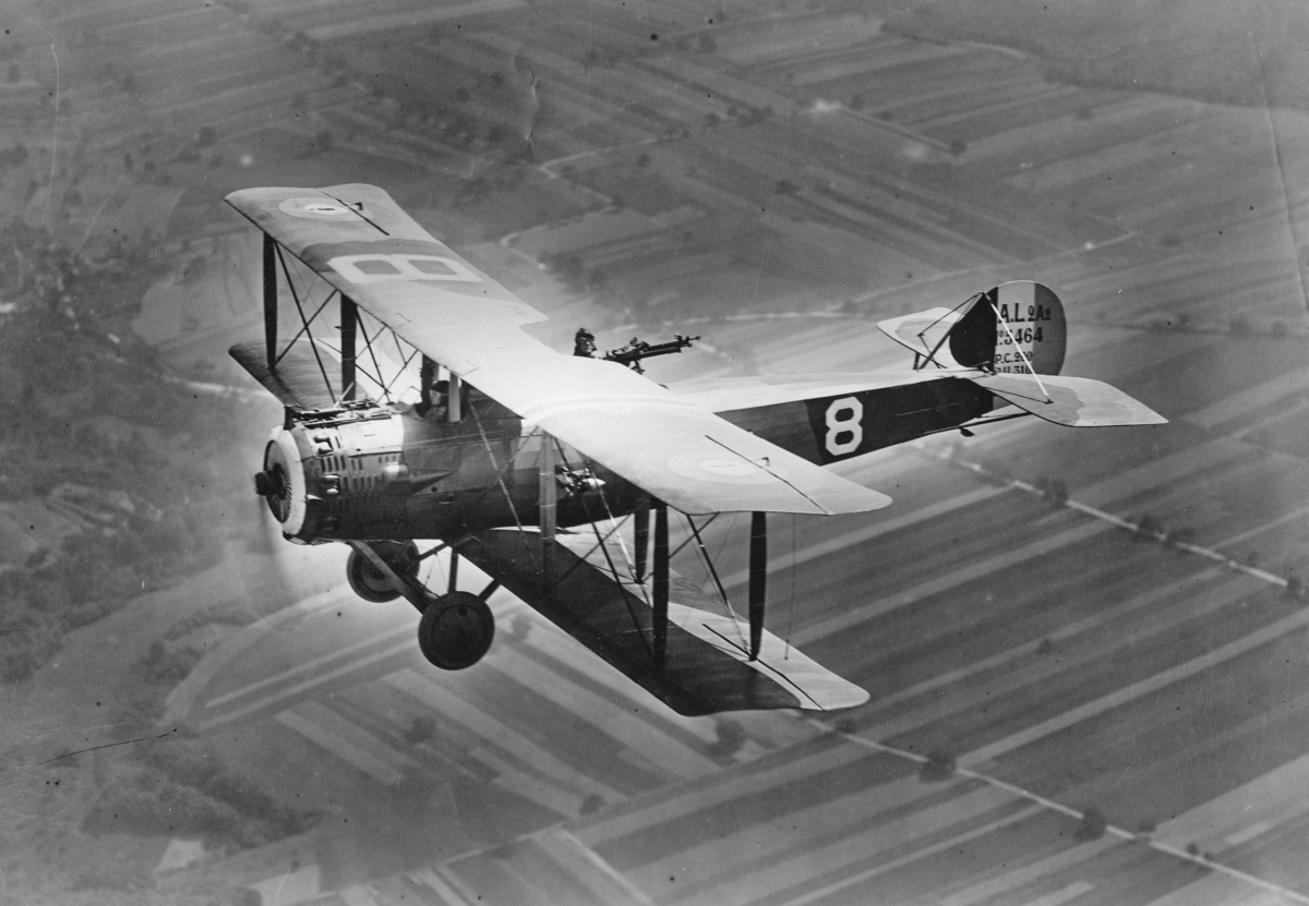 A Salmson 2A2 of the 1st Aero Squadron over France during WWI, 1918.